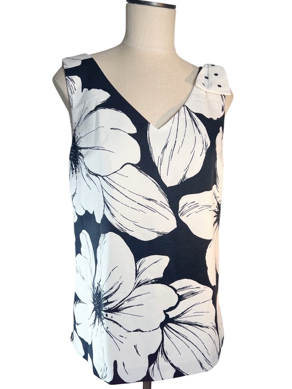 Talbots Black and White Floral Sleeveless V-Neck Top with Polka Dot Shoulder Bow